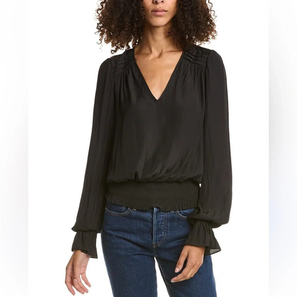 Ramy Brook Tops - New! Ramy Brook Belen Smocked Long Balloon Sleeve Pleated Top black 22280